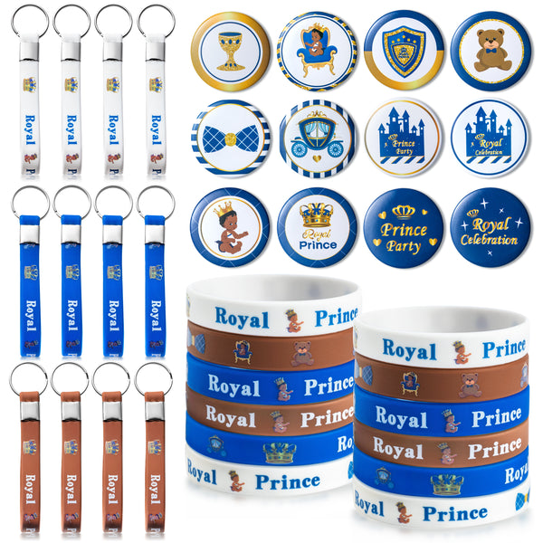 PANTIDE 36Pcs Royal Prince Party Favors Silicone Keychains Rubber Wristbands Button Badges Pin Set African American Baby Boy Birthday Supplies Little Prince Toys Gift for Kids Baby Shower Class Reward