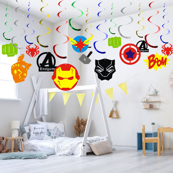 PANTIDE 30 Packs Superhero Hanging Swirl Multiple Colors Whirls Glitter Foil Ceiling Swirls Streamers Party Supplies Decorations Cute Hanging Streamers for Kids Birthday Party Baby Shower Graduation