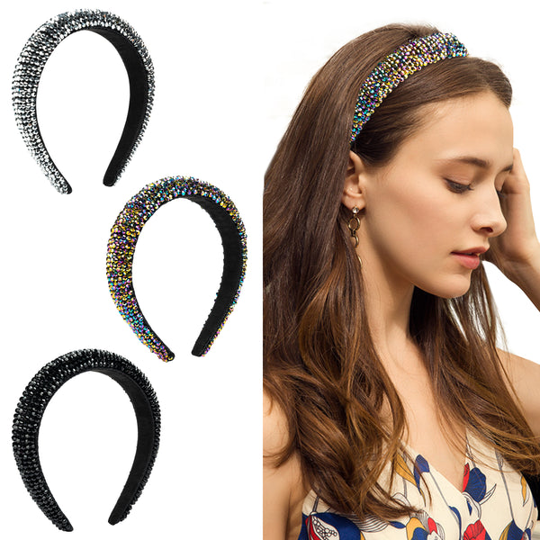 PANTIDE 3 Pieces Rhinestone Crystal Padded Headband for Women Girls- Glitter Bejeweled Diamond Bead Hairband, Non-Slip Widened Hair Hoops for Party Head Accessories in 3 colors(Silver, Rainbow, Black)