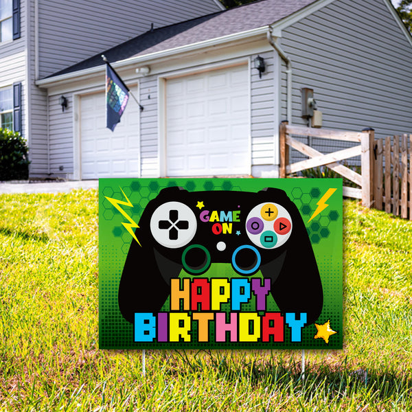 PANTIDE Video Game Happy Birthday Yard Sign Game Controller Outdoor Lawn Signs with Metal Stakes Gaming Themed Party Garden Decor for Boys Girls Game On Birthday Party Double Sides Print Street Sign