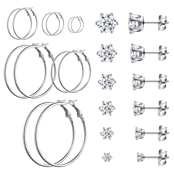 PANTIDE 12 Pairs Hoop Stud Earrings Set for Women Assorted Silver Stainless Steel Big Hoops Loop Earrings Cubic Zirconia Stud Earrings Hypoallergenic Tragus Cartilage Piercing Jewelry with Storage Bag