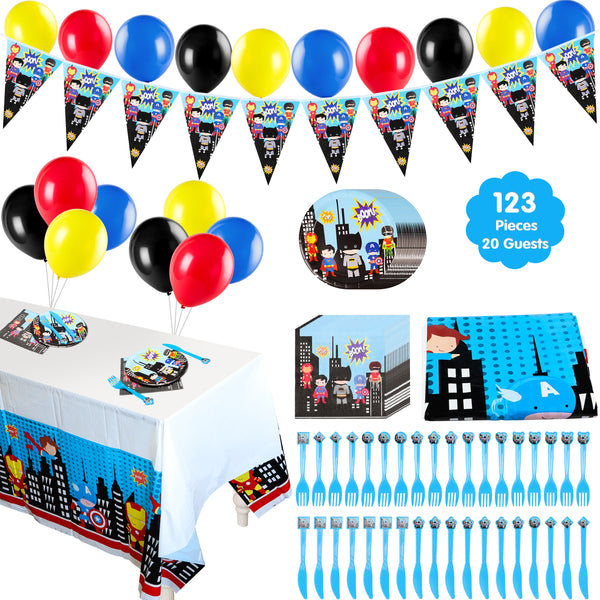 PANTIDE 123 Pack Superhero Party Supplies Kit for 20 Guests, Superhero Themed Party Decorations Party Favors Banner, Balloons, Tableware Set for Kids Birthday Party Baby Shower Christmas