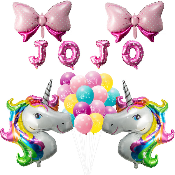 PANTIDE 33 Pcs Jojo Birthday Balloons Set Jojo Themed Party Supplies Favors Birthday Celebration Decorations for Girls with JOJO Pink Bows Giant Unicorn Foil Balloons and Assorted Colors Latex Balloons