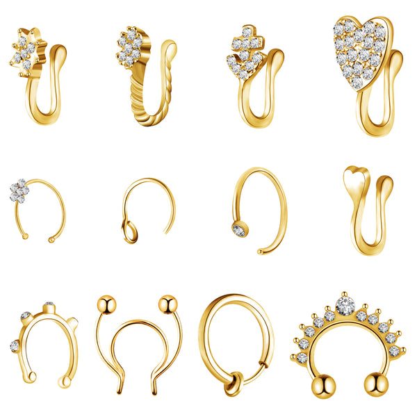 PANTIDE 12 Pcs Fake Nose Rings Hoop Adjustable Stainless Steel Faux Piercing Jewelry Ear Lip Cartilage Tragus Septum Ring Non-Pierced Clip On Circle Nose Hoop Rings Earrings Cuff for Women Men Girls