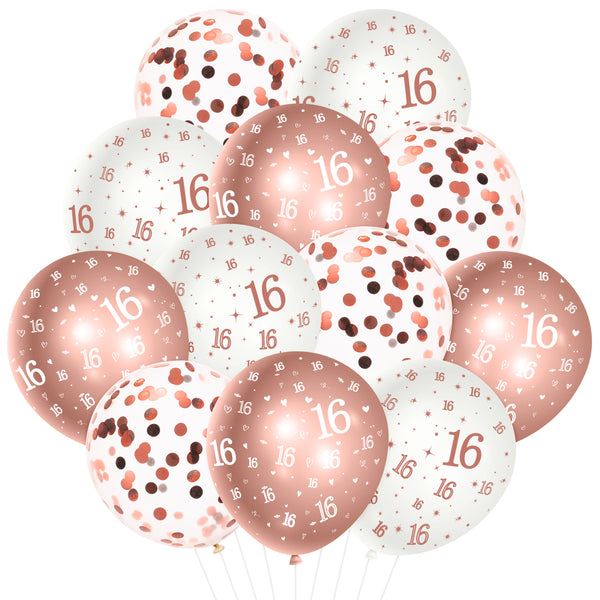 PANTIDE 36Pcs 16th Birthday Pattern Latex Balloons Set 12 Inches Rose Gold and White Confetti Balloons Bouquet Happy 16 Year Old Birthday Party Supplies Decorations with Ribbon Gifts for Kids Girls