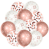 PANTIDE 36Pcs 13th Birthday Pattern Latex Balloons Set 12 Inches Rose Gold and White Confetti Balloons Bouquet Happy 13 Year Old Birthday Party Supplies Decorations with Ribbon Gifts for Kids Girls