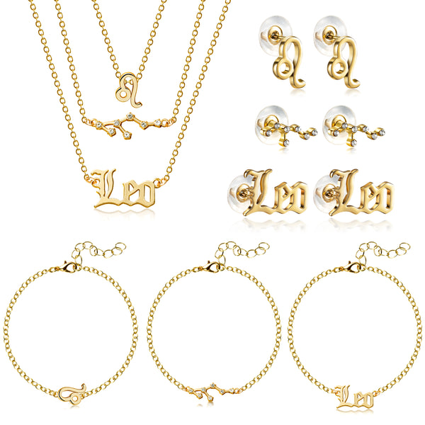 PANTIDE 12 Pcs Constellation Zodiac Layer Horoscope Necklaces Bracelet Earrings Jewelry for Women Initial 14K Gold Rose Gold Silver Plated 12 Constellation Charm Adjustable Accessories Gift with Cards