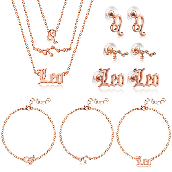 PANTIDE 12 Pcs Constellation Zodiac Layer Horoscope Necklaces Bracelet Earrings Jewelry for Women Initial 14K Gold Rose Gold Silver Plated 12 Constellation Charm Adjustable Accessories Gift with Cards