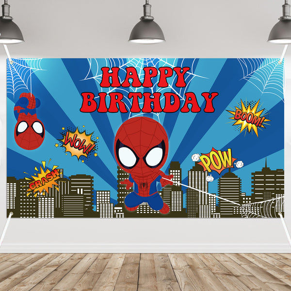 PANTIDE Superhero Happy Birthday Backdrop Banner Spider Themed Large Poster Photography Background Fabric Posters Wall Decor Party Favors Decorations Supplies Photo Booth Props for Kids (6.6ft*3.8ft)