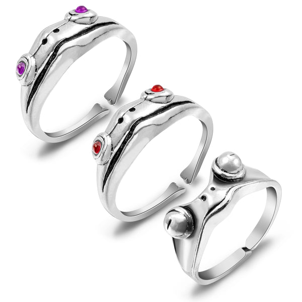 PANTIDE 3 Pcs Frog Open Rings Set for Women, Vintage Adjustable Alloy Animal Finger Rings, Cute Silver Frog with Red Purple Eyes Rings, Fashion Jewelry Gifts for Anniversary Birthday Valentine’s Day