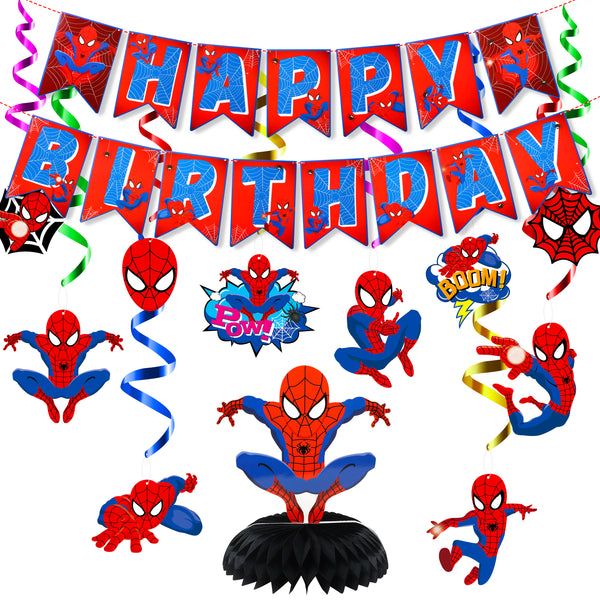 PANTIDE Spiderman Party Decorations for Kids Birthday, Superhero Birthday Party Supplies - Spiderman Happy Birthday Banner Bunting, Hanging Swirls Streamers, Honeycomb Centerpiece Table Topper