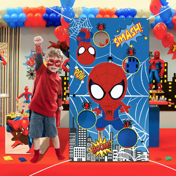 PANTIDE Spider Superhero Toss Game Banner with 4 Bean Bags, Carnival Indoor Outdoor Party Game Activities for Kids and Adults, Superhero Themed Throwing Games Birthday Party Decoration Supplies Set