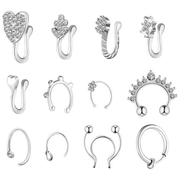 PANTIDE 12 Pcs Fake Nose Rings Hoop Stainless Steel Faux Piercing Jewelry Ear Lip Cartilage Tragus Septum Ring Non-Pierced Clip On Circle Nose Hoop Rings Earrings Cuff for Women Men Girls (Silver)