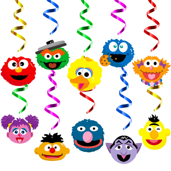 PANTIDE 30Ct Sesame Friends Hanging Swirl Decorations, Elmo Cookie Monster Glitter Foil Whirls Ceiling Swirls Streamers, Sesame Themed Party Decorations Supplies for Kids Birthday Baby Shower