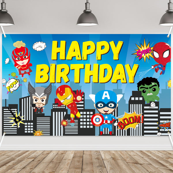 PANTIDE Superhero Happy Birthday Backdrop Banner, Colorful Spiderman Superhero Themed Photography Backdrop Birthday Decoration Party Supplies, Super City Wall Decor Welcome Poster Banner(6.6ft3.8ft)