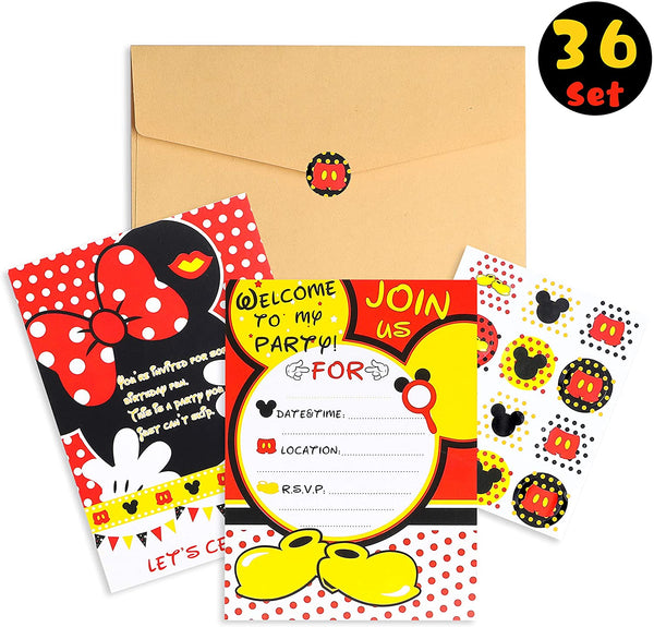 PANTIDE 36Pcs Mickey Minnie Mouse Party Invitation Cards for Kids Birthday with Envelopes and Mickey Mouse Stickers-5.90"x4.30" Double Sided Printed,Fill-in the Blank,Mickey Party Supplies Party Favor