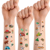 PANTIDE 100Pcs Camping Temporary Tattoos for Kids Fake Tattoos Stickers Waterproof Non-toxic Cartoon Body Stickers with Animals Cars Tents Happy Camper Theme Party Favors Supplies Birthday Gifts