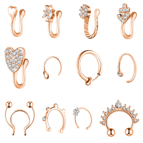 PANTIDE 12 Pcs Fake Nose Rings Hoop Adjustable Stainless Steel Faux Piercing Jewelry Ear Lip Cartilage Tragus Septum Ring Non-Pierced Clip On Circle Nose Hoop Rings Earrings Cuff for Women Men Girls