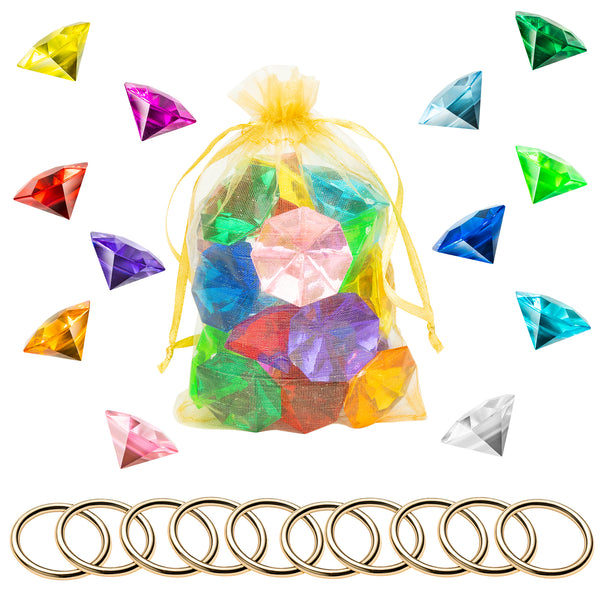 PANTIDE 35Pcs Acrylic Diamond Gems Jewels Alloy Gold Round Ring Set the Blue Hedgehog Chaos Emeralds Power Rings Party Favor Supplies Cake Decoration Pirate Treasure Chest Hunt for Kids with Bag