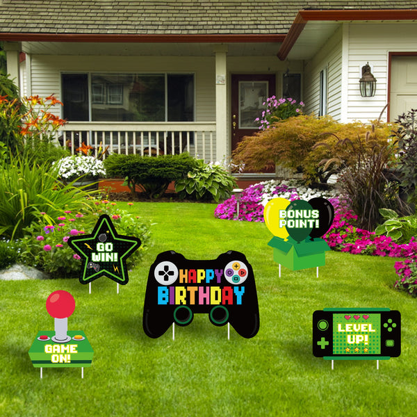 PANTIDE Video Game Happy Birthday Yard Sign Game Controller Colorful Outdoor Lawn Signs with Stakes Gaming Themed Garden Decor for Boys Girls Game On Birthday Party One-Side Print Street Sign (5Packs)