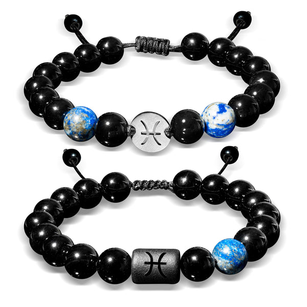 PANTIDE 2Pcs Onyx Zodiac Bracelets for Men Women 10mm Natural Black Onyx Stone Pisces Zodiac Signs Adjustable Bracelet Set Constellation Horoscope Braided Beaded Gemstone Bracelets Charm Jewelry Gifts