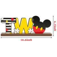 Laffact Mickey Theme Two Letter Sign Table Decoration for Wooden Table Centerpiece Topper, 2nd Birthday Party Decoration Supplies Two Birthday Wood Table Sign Milestone Photo Props for Baby Shower