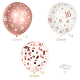 PANTIDE 36Pcs 16th Birthday Pattern Latex Balloons Set 12 Inches Rose Gold and White Confetti Balloons Bouquet Happy 16 Year Old Birthday Party Supplies Decorations with Ribbon Gifts for Kids Girls