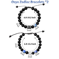 PANTIDE 2Pcs Onyx Zodiac Bracelets for Men Women 10mm Natural Black Onyx Stone Pisces Zodiac Signs Adjustable Bracelet Set Constellation Horoscope Braided Beaded Gemstone Bracelets Charm Jewelry Gifts