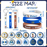 PANTIDE 36Pcs Royal Prince Party Favors Silicone Keychains Rubber Wristbands Button Badges Pin Set African American Baby Boy Birthday Supplies Little Prince Toys Gift for Kids Baby Shower Class Reward