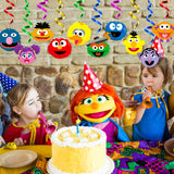 PANTIDE 30Ct Sesame Friends Hanging Swirl Decorations, Elmo Cookie Monster Glitter Foil Whirls Ceiling Swirls Streamers, Sesame Themed Party Decorations Supplies for Kids Birthday Baby Shower