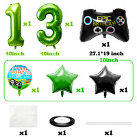 PANTIDE 10Pcs Video Game 13th Birthday Decorations for Boys - 40 Inch Number 13 Foil Balloons, Game Controller Balloon, Round Happy Birthday Balloons, Green Black Star-Shaped Balloons with Ribbon