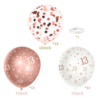 PANTIDE 36Pcs 13th Birthday Pattern Latex Balloons Set 12 Inches Rose Gold and White Confetti Balloons Bouquet Happy 13 Year Old Birthday Party Supplies Decorations with Ribbon Gifts for Kids Girls