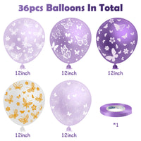 PANTIDE 36Pcs Butterfly Print Balloons 12 Inches Purple and White Latex Balloons Butterfly Fairy Patterns for Weeding Baby Shower Birthday Party Supplies Decorations Activities Graduation with Ribbon