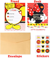 Laffact 36Pcs Party Invitation Cards for Kids Cartoon Mouse Themed Birthday with Envelopes and Stickers-5.90"x4.30" Double Sided Printed Fill-in the Blank, Red and Black Mouse Party Supplies Favors