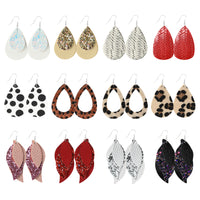 PANTIDE 12 Pairs Faux Leather Earrings for Women Girls, Lightweight Teardrop Dangle Leaf Leopard Print Sparkly Glitter Sequin Plaid Stripe Earrings Set Jewelry Accessory Gifts