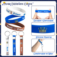 PANTIDE 36Pcs Royal Prince Party Favors Silicone Keychains Rubber Wristbands Button Badges Pin Set African American Baby Boy Birthday Supplies Little Prince Toys Gift for Kids Baby Shower Class Reward