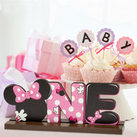 Laffact Minnie Theme One Letter Sign Table Decoration for Wooden Table Centerpiece Topper, 1st Birthday Party Decoration Supplies One Birthday Wood Table Sign Milestone Photo Props for Baby Shower