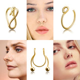 PANTIDE 12 Pcs African Fake Nose Rings Non Piercing Gold Clip Nose Ring Jewelry Bohemian Handmade Ear Cuff Gold Plated Stainless Steel Adjustable U Shape Nose Ring Fake Gypsy Nose Cuff for Women Girls