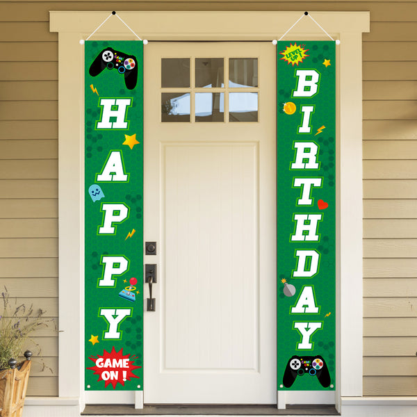 PANTIDE Video Game Birthday Porch Sign, Game On Hanging Banners for Indoor Outdoor Home Wall Decor, Gaming Controller Happy Birthday Door Sign Backdrop Party Decorations Supplies for Kids Boys