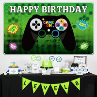 PANTIDE Video Game Happy Birthday Backdrop Banner, Game On Large Poster Photo Booth Props Background, Gaming Party Decorations Supplies Wall Décor for Kids Birthday Baby Shower (6.6ft x 3.8ft)