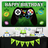 PANTIDE Video Game Happy Birthday Backdrop Banner, Game On Large Poster Photo Booth Props Background, Gaming Party Decorations Supplies Wall Décor for Kids Birthday Baby Shower (6.6ft x 3.8ft)