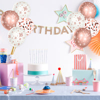 PANTIDE 36Pcs 16th Birthday Pattern Latex Balloons Set 12 Inches Rose Gold and White Confetti Balloons Bouquet Happy 16 Year Old Birthday Party Supplies Decorations with Ribbon Gifts for Kids Girls