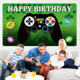 PANTIDE Video Game Happy Birthday Backdrop Banner, Game On Large Poster Photo Booth Props Background, Gaming Party Decorations Supplies Wall Décor for Kids Birthday Baby Shower (6.6ft x 3.8ft)