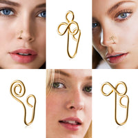 PANTIDE 16 Pcs African Nose Cuffs for Pierced Clip on Ring Non Piercing Gold Plated Heart Shape Fake Nose Hoop Jewelry Bohemian Handmade Ear Cuffs Adjustable U Shape Alloy Septum Ring for Women Men