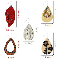 PANTIDE 12 Pairs Faux Leather Earrings for Women Girls, Lightweight Teardrop Dangle Leaf Leopard Print Sparkly Glitter Sequin Plaid Stripe Earrings Set Jewelry Accessory Gifts