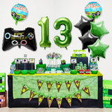 PANTIDE 10Pcs Video Game 13th Birthday Decorations for Boys - 40 Inch Number 13 Foil Balloons, Game Controller Balloon, Round Happy Birthday Balloons, Green Black Star-Shaped Balloons with Ribbon