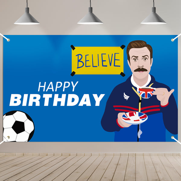 PANTIDE Soccer Coach Happy Birthday Backdrop Banner Funny Football Photography Background Wall Decor Blue Ted Sport Theme Party Supplies Decorations Photo Booth Props for Father Men Adult 5.9 x 3.6 ft