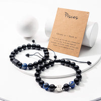 PANTIDE 2Pcs Onyx Zodiac Bracelets for Men Women 10mm Natural Black Onyx Stone Pisces Zodiac Signs Adjustable Bracelet Set Constellation Horoscope Braided Beaded Gemstone Bracelets Charm Jewelry Gifts