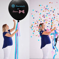 PANTIDE 2Pcs Burnouts or Bow Gender Reveal Balloons with Pink and Blue Round Confetti 36Inch Black Latex Balloons Giant Balloons Gender Reveal Party Supplies for Boys or Girls Baby Shower Decoration